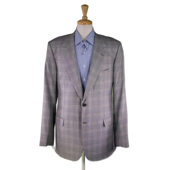 Brioni Very Recent Gray/Beige/Gold Plaid 2-Btn Wool-Silk 2B Sportcoat Blazer 42L